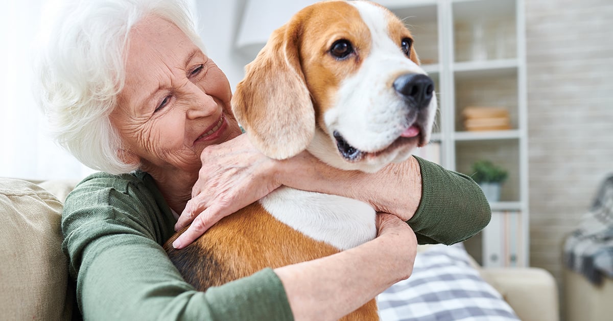 Senior woman at home with her dog